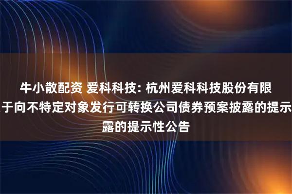 牛小散配资 爱科科技: 杭州爱科科技股份有限公司关于向不特定对象发行可转换公司债券预案披露的提示性公告